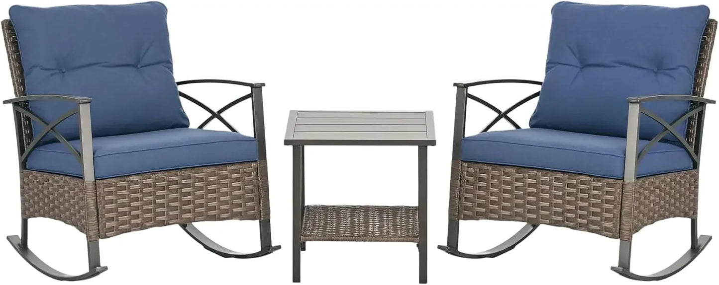 NEW-3 Piece Patio Rocking Chair Set, Outdoor Wicker Bistro Set with 2 Oversize Cushioned Porch Rockers and 2 Tier Coffee Table