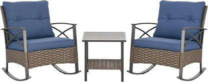 NEW-3 Piece Patio Rocking Chair Set, Outdoor Wicker Bistro Set with 2 Oversize Cushioned Porch Rockers and 2 Tier Coffee Table