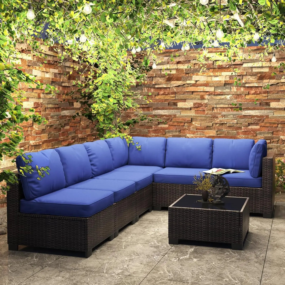 Outdoor Patio Sectional Sofa Set with 5 Pieces, PE Wicker Furniture, Conversation Area with Washable Cushions
