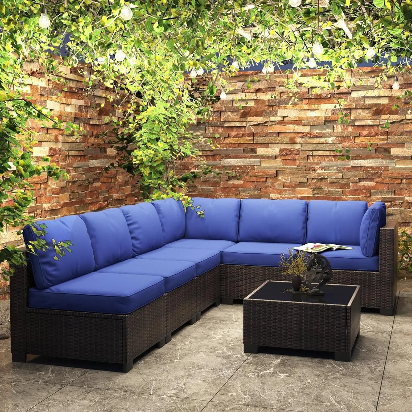 Outdoor Patio Sectional Sofa Set with 5 Pieces, PE Wicker Furniture, Conversation Area with Washable Cushions