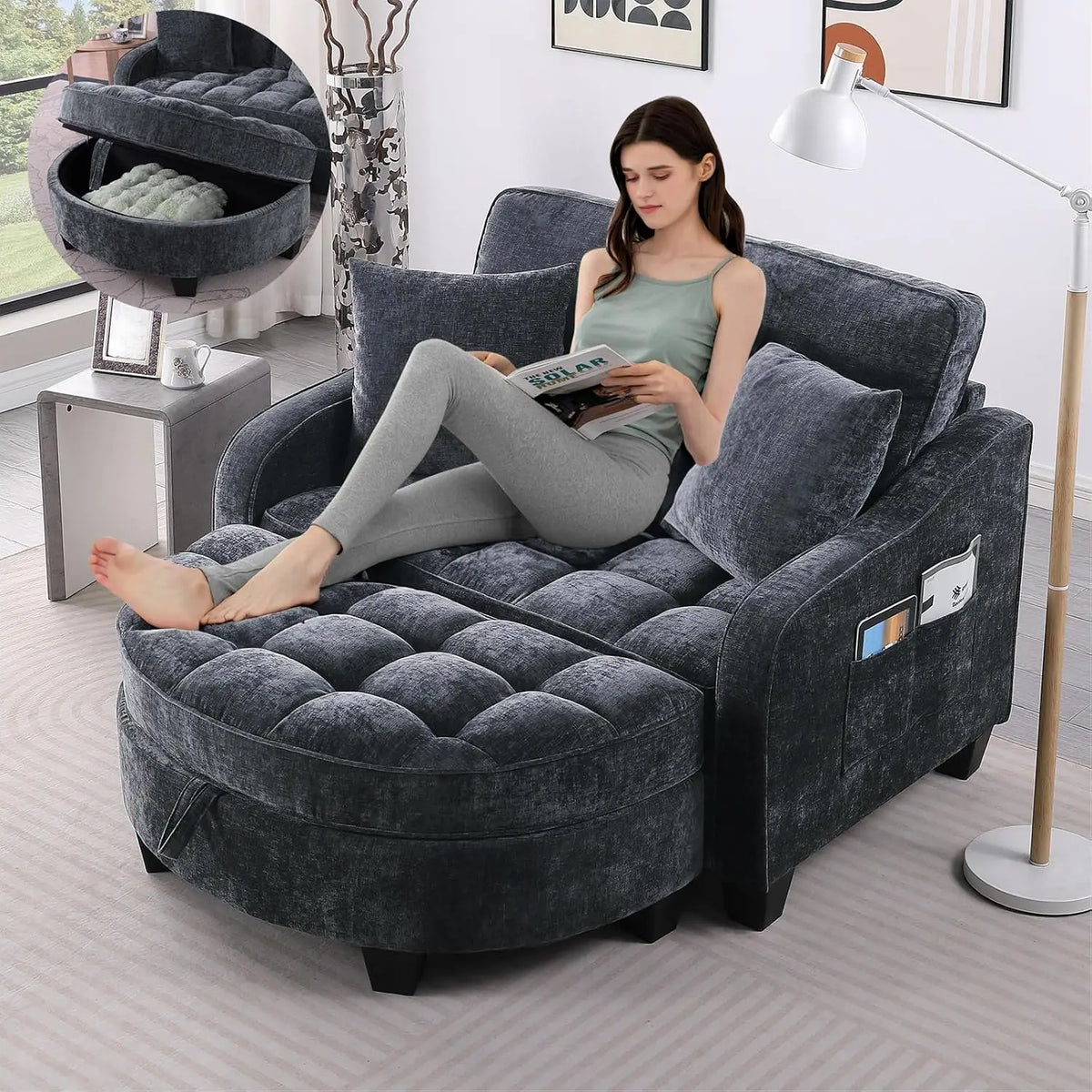 Oversized Curved Chaise Lounge Chair Indoor with Ottoman, 54.8