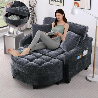 Oversized Curved Chaise Lounge Chair Indoor with Ottoman, 54.8" Cloud Reading Chair Soft Chenille Circle, Customized