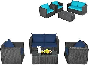 4 Piece Patio Rattan Conversation Furniture Set, Outdoor Wicker Sofa Set with Padded Cushion & Tempered Glass Coffee Table, Wic