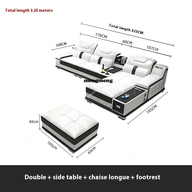 Luxury Italian Genuine Leather Sectional Sofa Set With Bluetooth Speaker And USB Ports Cow Leather Divano Living Room Furniture