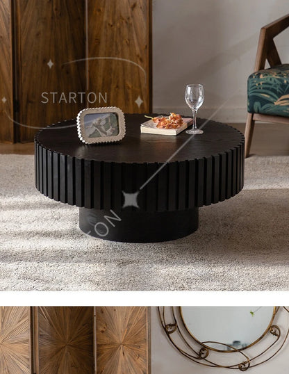 Modern Wooden Coffee Table Round Black with Solid Wood Veneered, Circle Center Table Accent Tea Table for Living Room Apartment