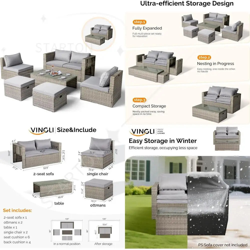6-Piece Outdoor Wicker Sectional Furniture Set ，Space-Saving Design and Ottomans for Patio Conversation Area