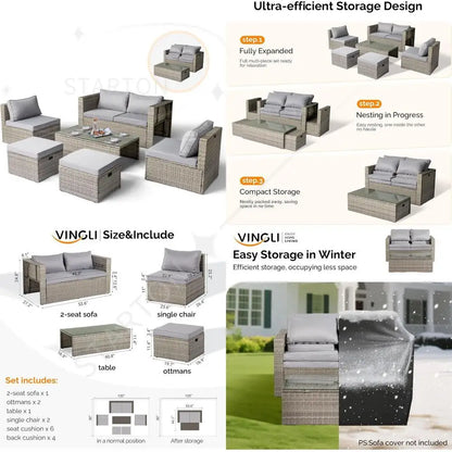 6-Piece Outdoor Wicker Sectional Furniture Set ，Space-Saving Design and Ottomans for Patio Conversation Area