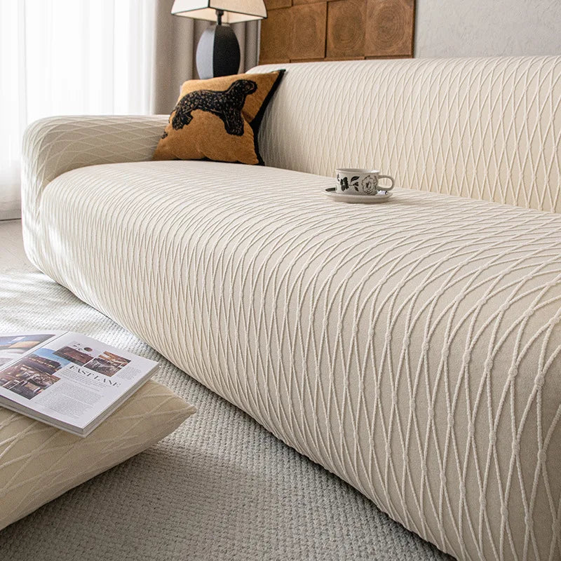 High-End Solid Stretch Sofa Cover Diamond Grid Jacquard Elastic Couch Slipcover Easy-Care Furniture Protector for Living Room