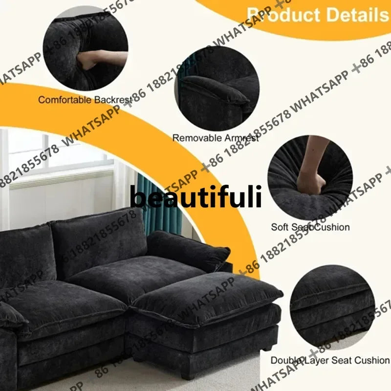 R Living Room Sofas Chenille Puffs Two-Seater Sofa With Footstool Sofa Double Bag Indoor Double Black Home Furniture