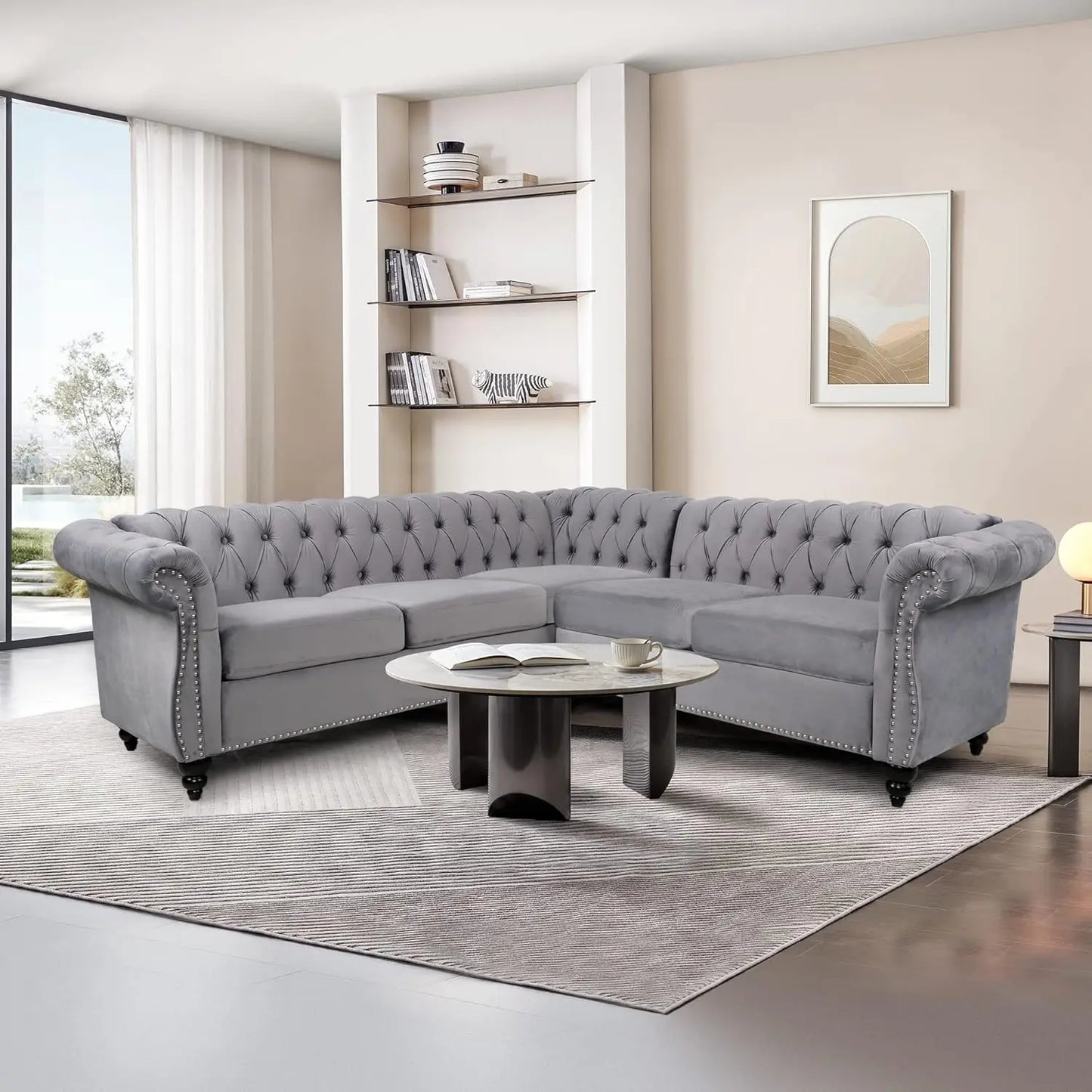 L-Shaped Sofa, Sectional Chesterfield Couch 5-Seater Velvet Upholstered Small Accent Tufted Sofa with Rolled, Customized
