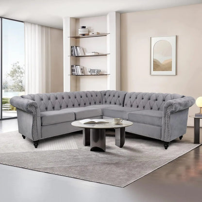 L-Shaped Sofa, Sectional Chesterfield Couch 5-Seater Velvet Upholstered Small Accent Tufted Sofa with Rolled, Customized