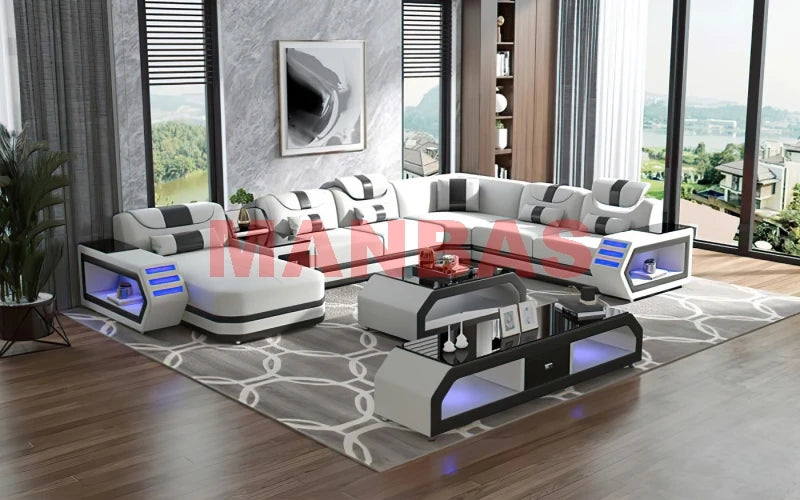 MANBAS Italian Genuine Leather Sectional Sofa with LED Lights | Futuristic Furniture U Shape Couch Living Room Big Sofas Set
