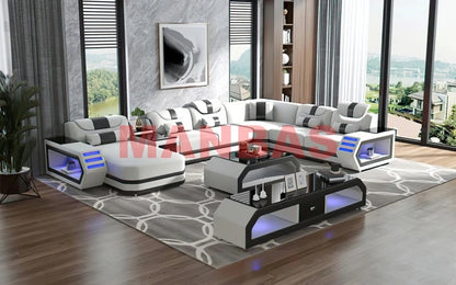 MANBAS Italian Genuine Leather Sectional Sofa with LED Lights | Futuristic Furniture U Shape Couch Living Room Big Sofas Set