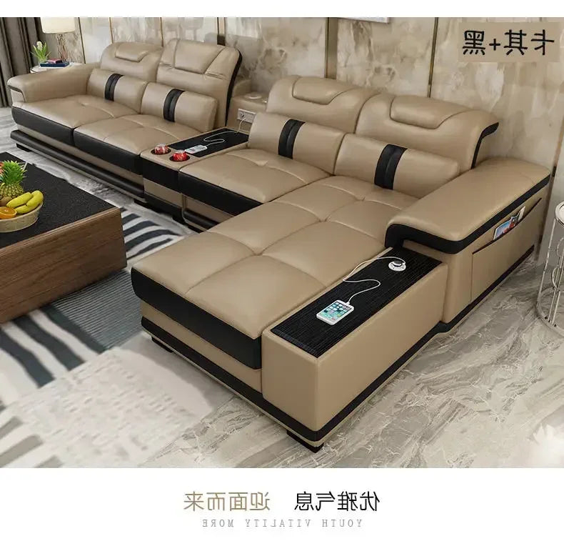 Living Room  set corner  speaker real genuine cow leather sectional sofas nordic L shape bluetooth headrest functional practical
