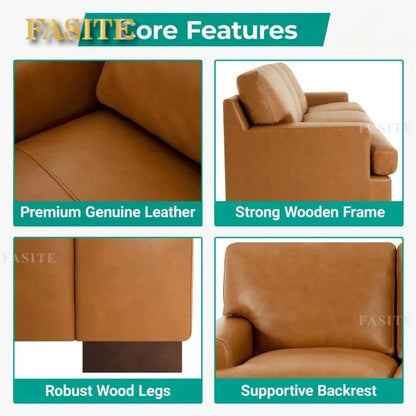 Genuine Leather Sofa - Luxurious Comfort, Goose Feather Cushion Filling, Square Arm Design, Sturdy Block Legs,