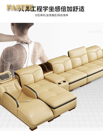 Premium Smart leather sofa massage for left and right noblewomen, cowhide solid wood living room corner small unit