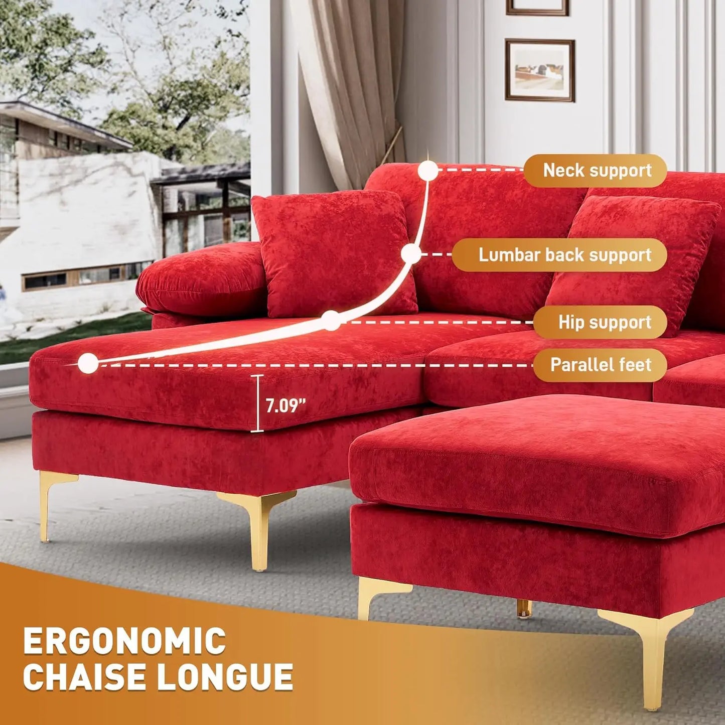 U-Shaped Sectional Sofa 114" Convertible L-Shape Chaise Ottoman Modular 4-Seat Sleeper Velvet Living Office Customized