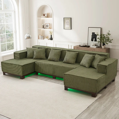 Modern U-Shaped Sectional Sofa 130" Sectional Sofa Upholstered Sofa with RGB LED Light Strip and 6 Pillows for Living Room