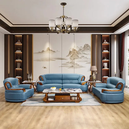 New Chinese ebony leather sofa modern simple living room large first layer yellow cowhide new solid wood combination