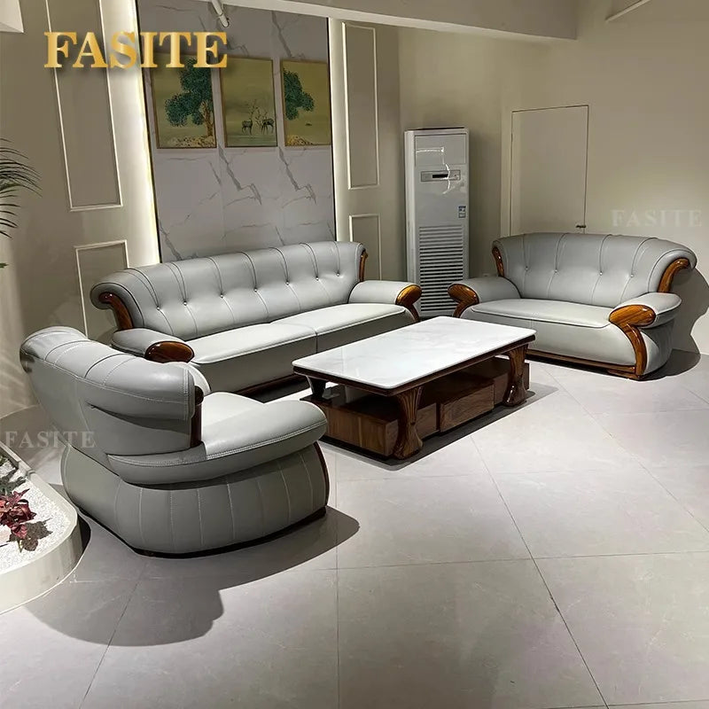 Ebony leather sofa modern light luxury high-end living room villa first layer cowhide solid wood new Chinese-style small