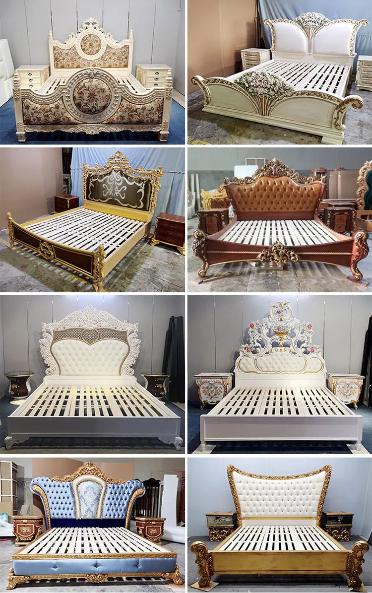 French Royal Baroque Dining Set — Hand-Carved Solid Wood Table with Upholstered Chairs, Luxury Gold for Villa/Hotel