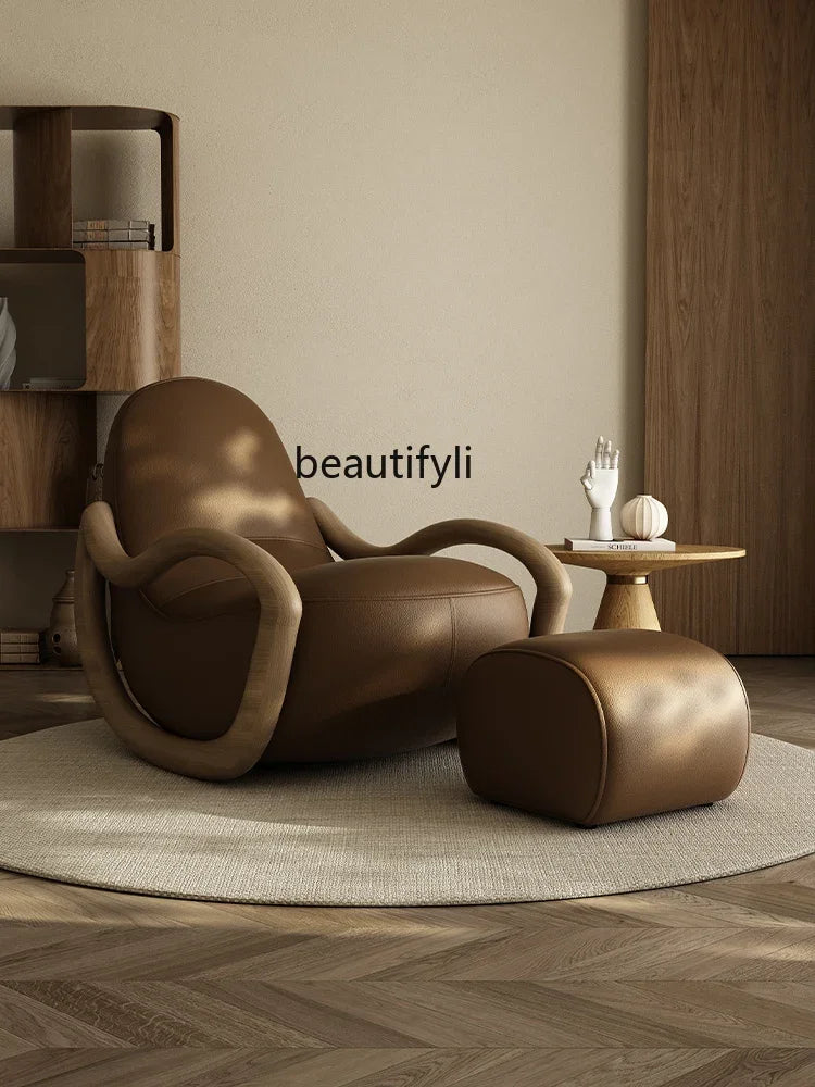 Household balcony leisure chair sofa solid wood rocking chair Chinese lazy sofa recliner environmentally friendly leather