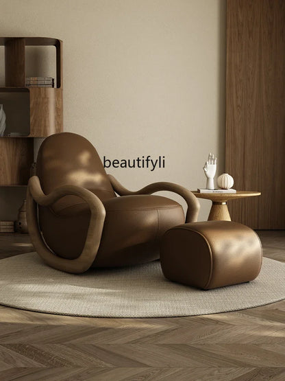 Household balcony leisure chair sofa solid wood rocking chair Chinese lazy sofa recliner environmentally friendly leather