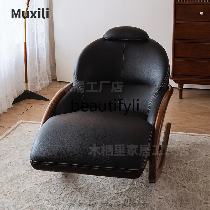 Lazy sofa pewter solid wood leather high-end lazy sofa reclining and sleeping rocking chair