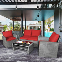 4 Pieces Patio Rattan Furniture Set, Outdoor Wicker Sofa Set with Tempered Glass Coffee Table, Cushions, All Weather Rattan Con