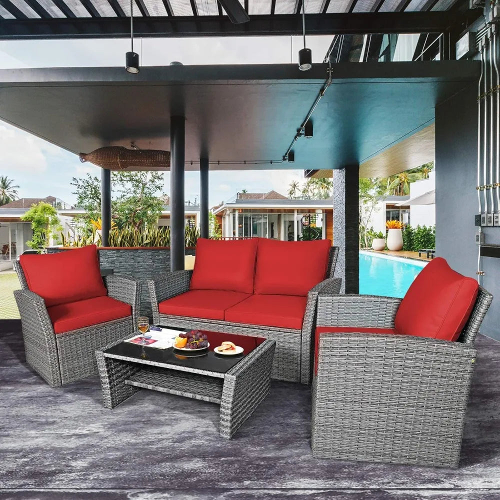 4 Pieces Patio Rattan Furniture Set, Outdoor Wicker Sofa Set with Tempered Glass Coffee Table, Cushions, All Weather Rattan Con