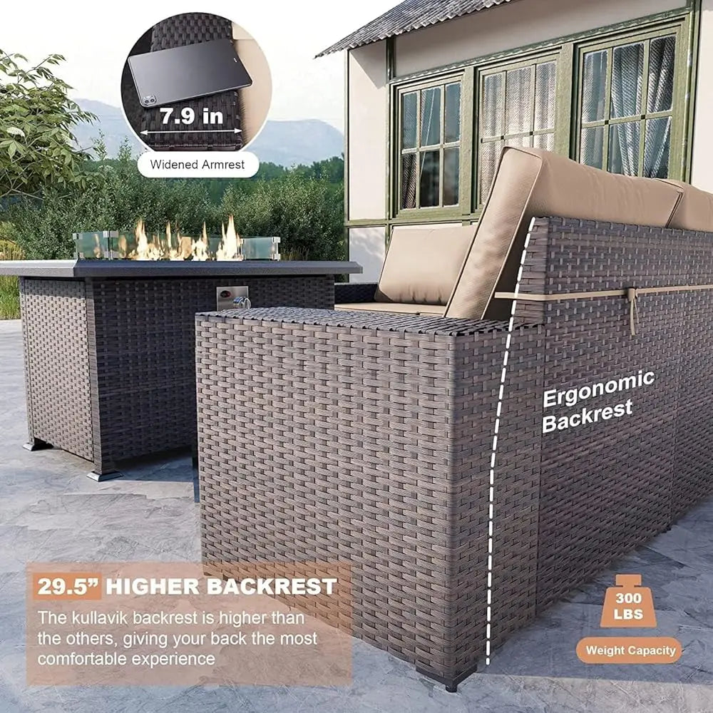 7 Pieces Outdoor Patio Furniture Set With 43"" 55000Btu Gas Propane Fire Pit Table Pe Wicker Rattan Sectional Sofa Patio