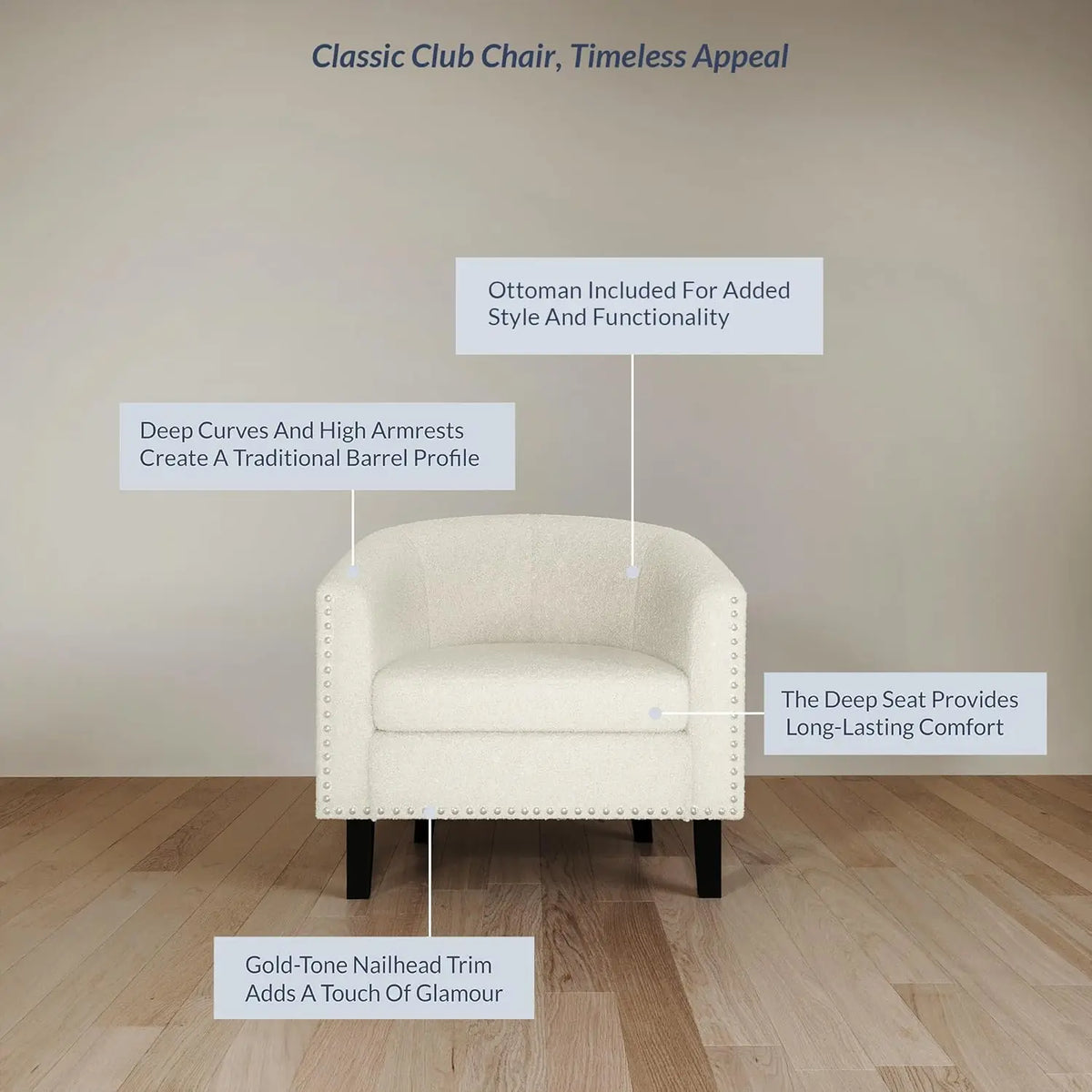 Upholstered Barrel Chair with Silver Trim & Black Legs - Kyara (White/Polyester)