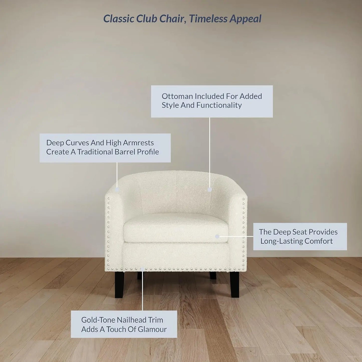 Upholstered Barrel Chair with Silver Trim & Black Legs - Kyara (White/Polyester)