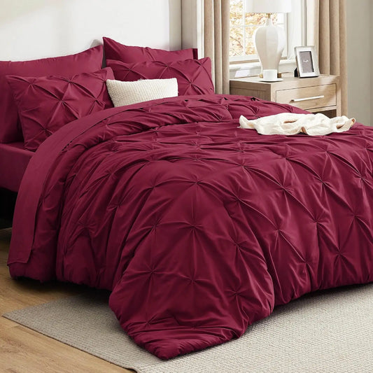 California King Comforter Set Dark Red Bed in a Bag California King 7 Pieces GentleSoft™ Pintuck Bed Set Gift for Family Pinch P