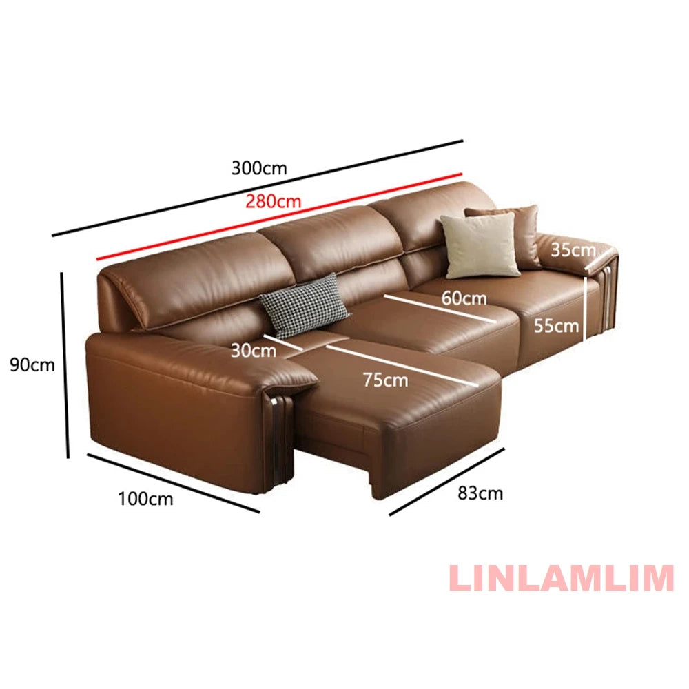 Modern Convertible Genuine Leather Sofa Bed – Multi-functional Electric Sleeper Couch with Adjustable Seats & Wide Chaise Lounge