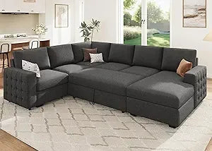 mid-grey 6-seater u-shaped sectional sofa with pull-out bed and storage