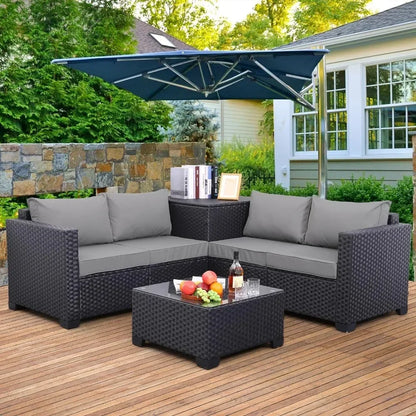 Outdoor PE Wicker Furniture Set 4 Piece Black Rattan Loveseat Couch Set With Storage Box Glass Top Table And Non-Slip Cushion