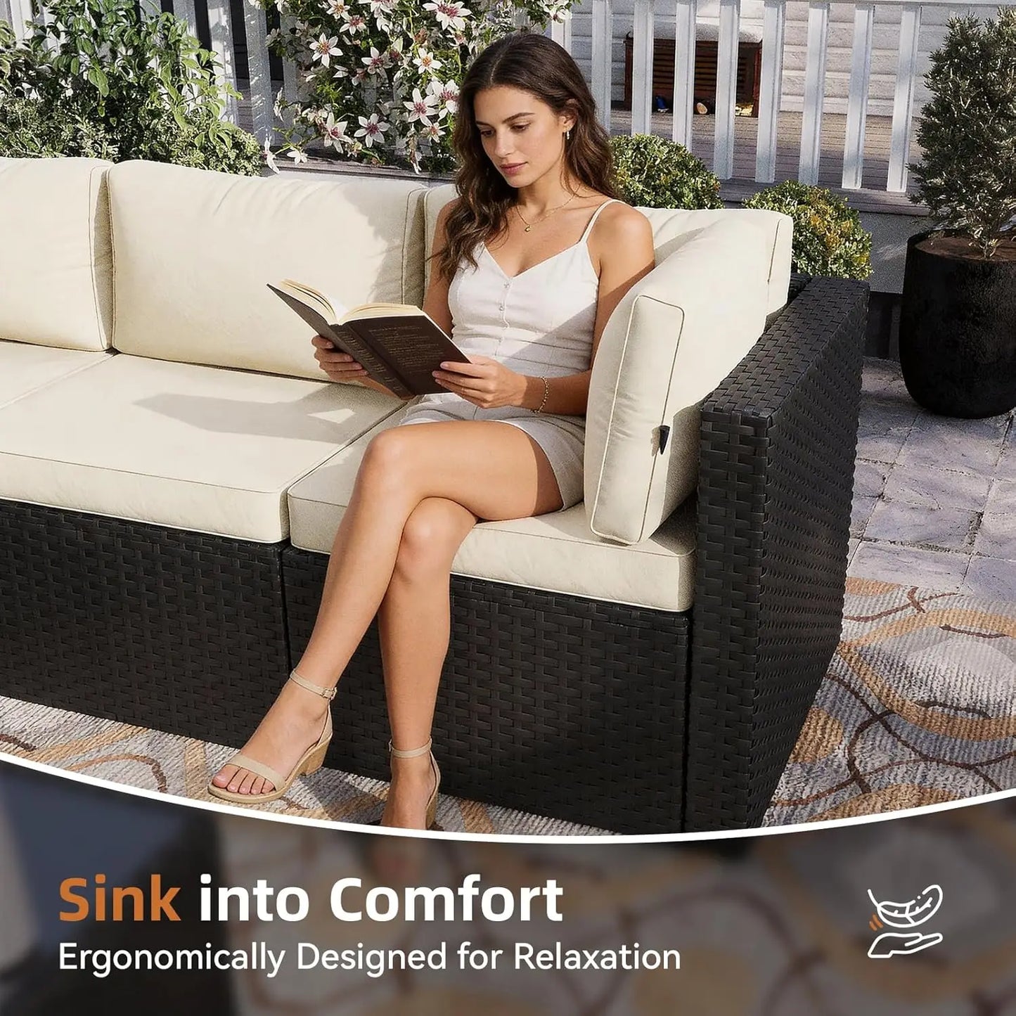 5-Piece Outdoor Sectional Sofa with Washable Cushion, Wicker Rattan Patio Conversation Set for Backyard Porch Poolside, Custom