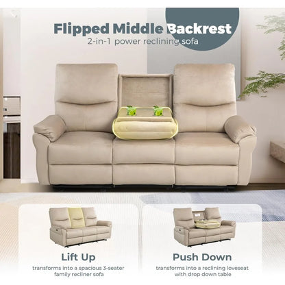 Power Reclining Sofa 3-Seater with Table, Cup Holder & Storage