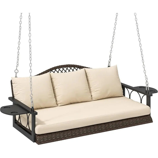 3 Person Wicker Porch Swing Chair Heavy Duty 800 LBS with Cup Holder, 57 Inch Outdoor Rattan Patio Hanging Swing Bench with Cush