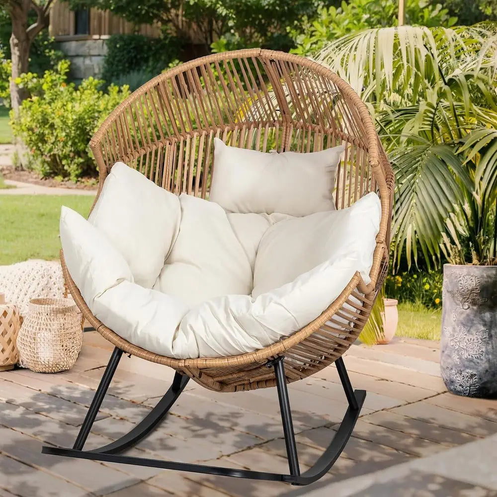 TIFICY Rattan Rocking Egg Chair with Cushion, Oversized Patio Lounge Rocker for Outdoor, Indoor, Balcony, Backyard, Garden, Beig