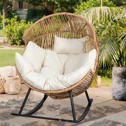 TIFICY Rattan Rocking Egg Chair with Cushion, Oversized Patio Lounge Rocker for Outdoor, Indoor, Balcony, Backyard, Garden, Beig