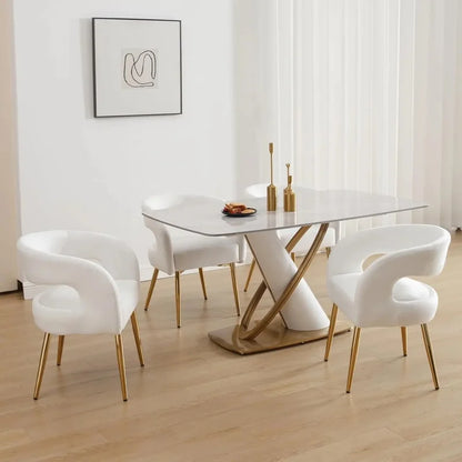 Set of 4 White Velvet Dining Chairs with Gold Legs, Modern Comfortable Barrel Armchairs for Dining Room