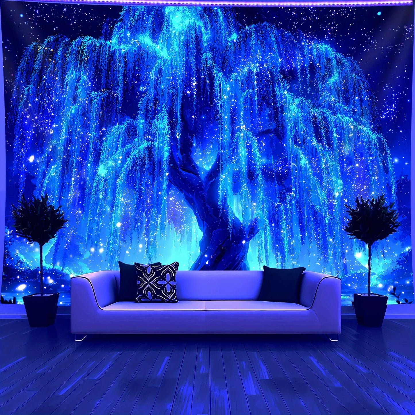 VIKAMA Dreamy Weeping Willow Starry Sky Tapestry Gradient Starlight Living Room Romantic Starry Sky Theme Room Decor
