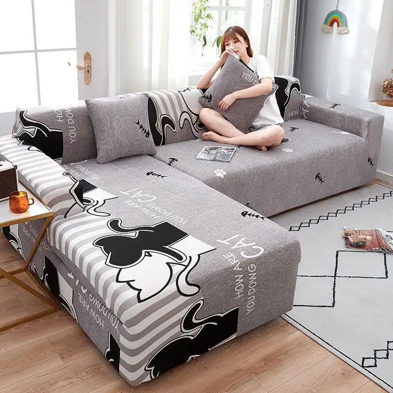 New All-season L-shape Non-slip Elastic Sofa Cover With Patterns, 360 Degree Coverage 1/2/3/4 Seat Sofa Cushion for Living Room