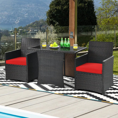 Patio 3PCS Rattan Furniture Set Cushion Sofa Armrest Garden Deck Red