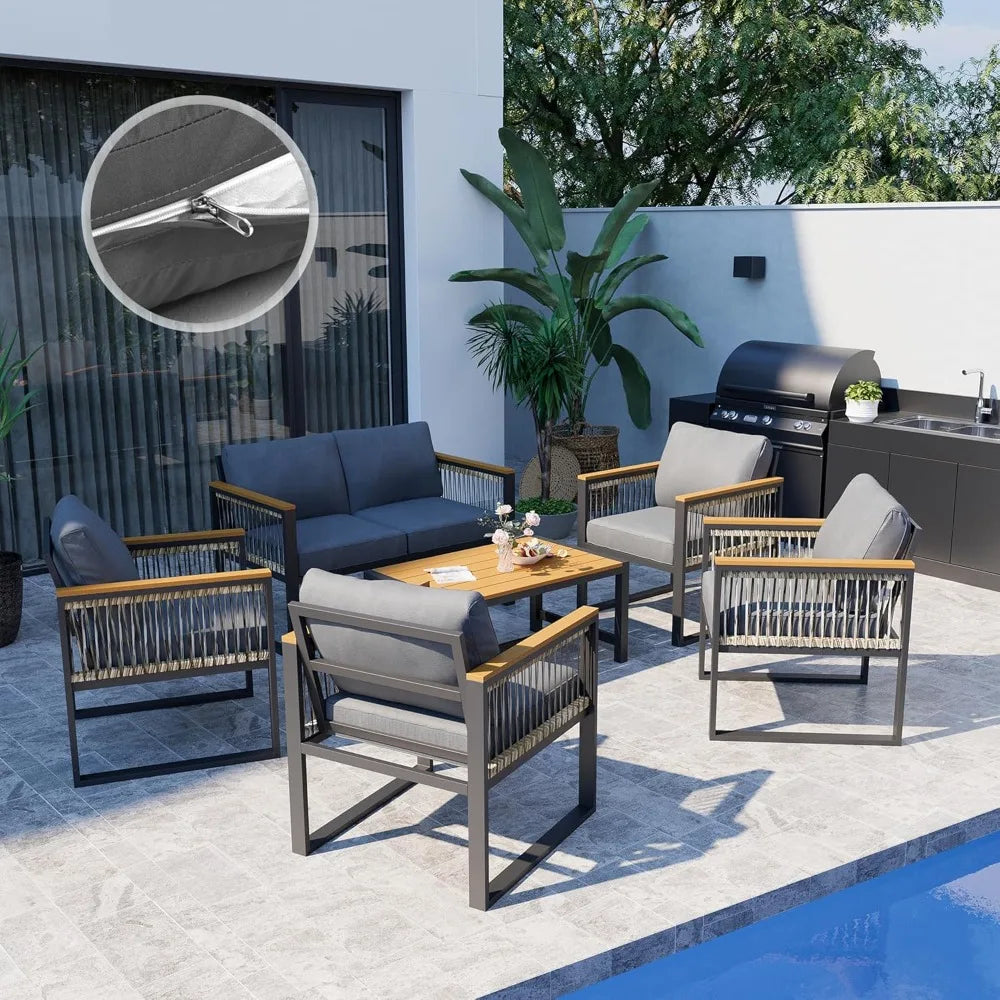 6 Pieces Outdoor Patio Furniture Set with Wicker Handrails, Plastic-Wood Balcony Furniture with Wicker Arm Panel, All-Weather M