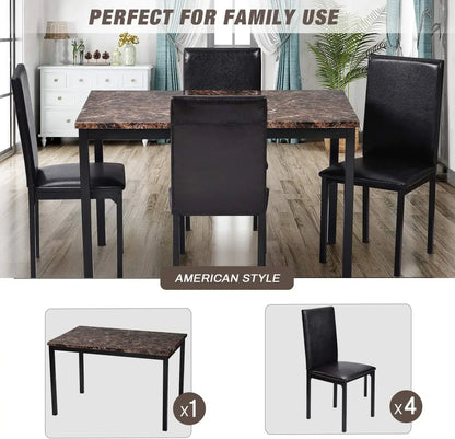 Dining Room Table Set,5-Piece Kitchen Dining Set with Glass Table Top 4 PU  Metal Frame Chairs A