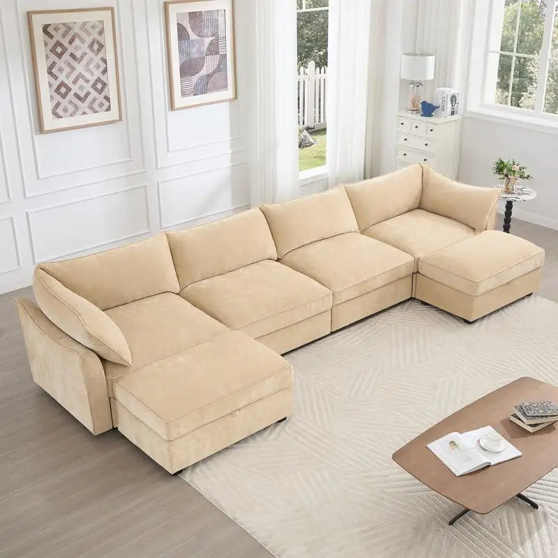 U-Shaped 4-Seat Deep Seat Sofa Couch with 2 Movable Ottomans, Oversized Modular Sectional Sofa with Storage Drawers Under Each