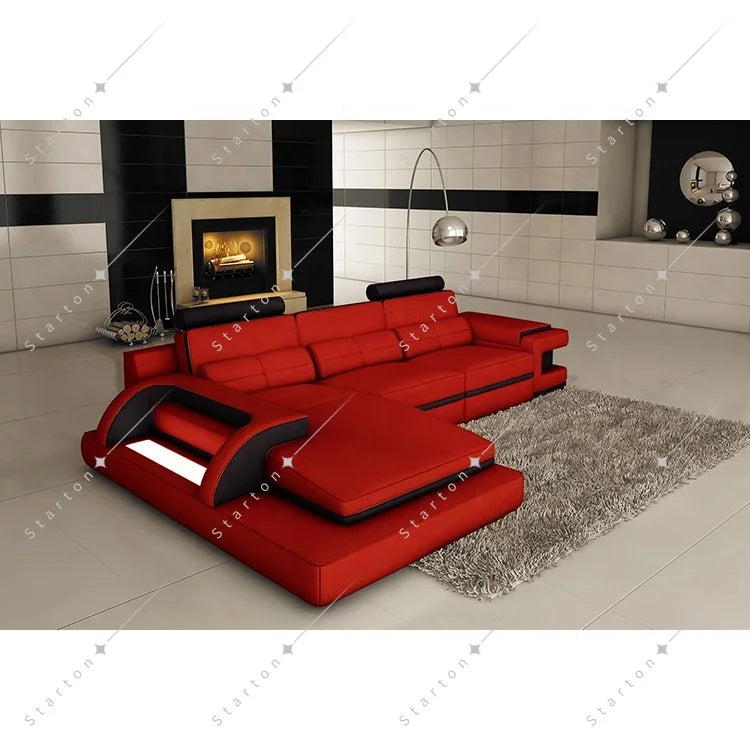 Italian Leather Sectional Sofa Set Red Black L-Shape Living Room Furniture for Office or Apartment Genuine Leather Material